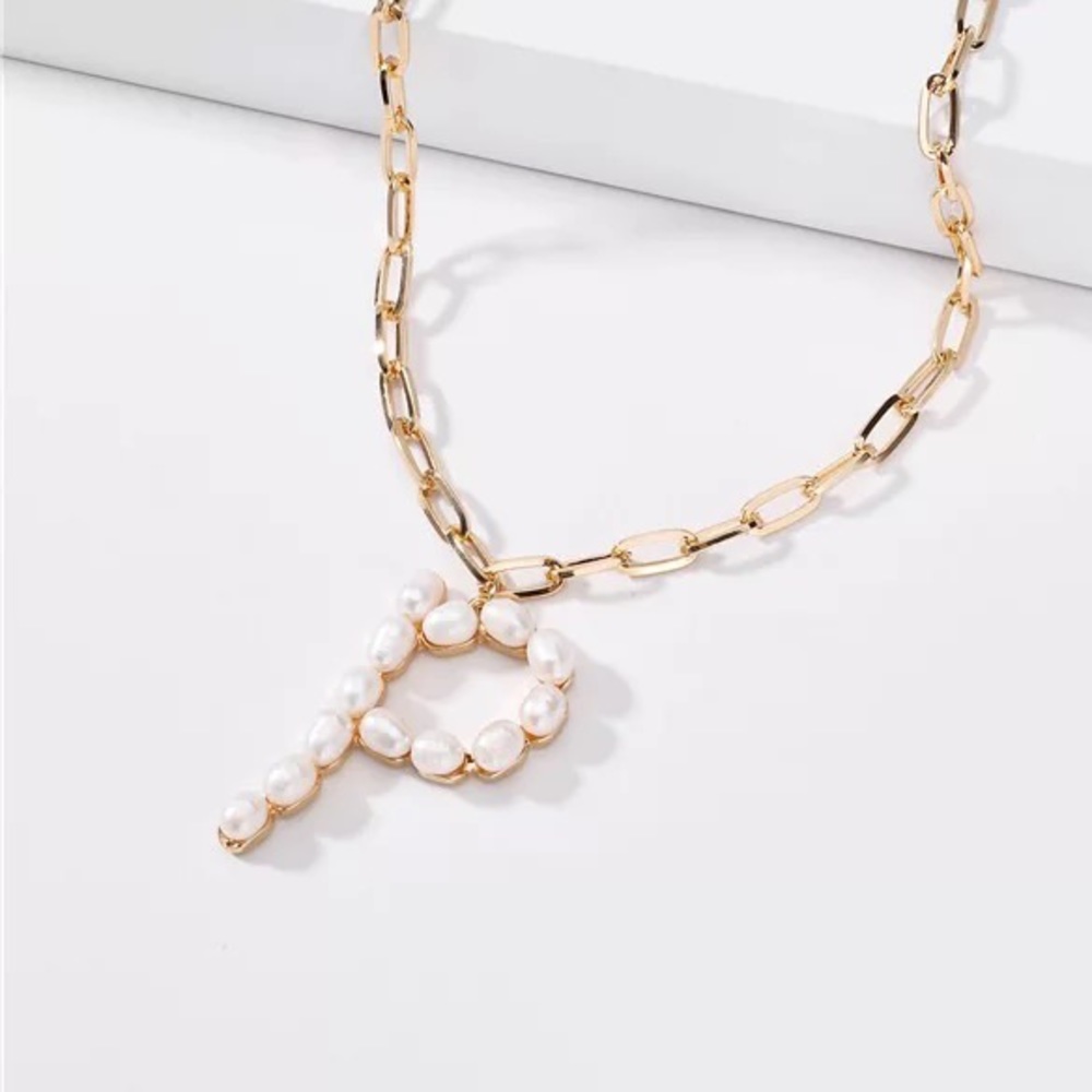 Pearl P necklace gold chain bohemian monogram initial pearls boho personalized
